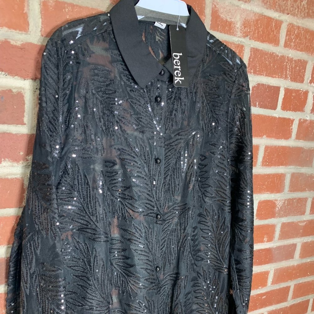 NWT Berek Black Leaves of Delight Sheer Button up Shirt with Sequin Design